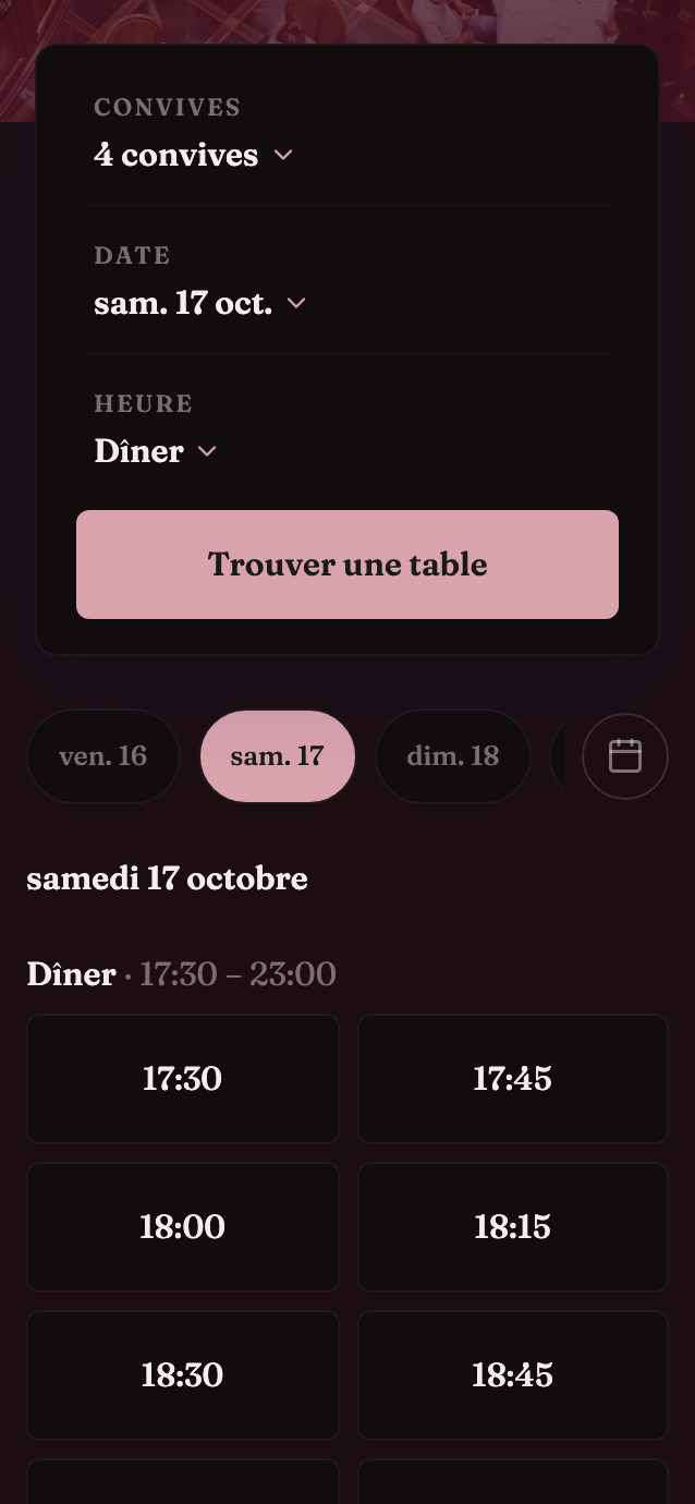 La page de réservation de notre restaurant de démo sur un cellulaire, avec les heures libres de samedi.