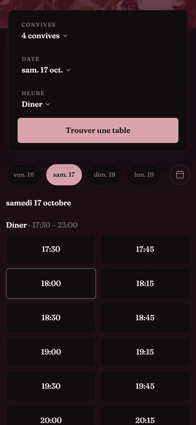 La page de réservation de notre restaurant de démo sur un cellulaire, avec les heures libres de samedi.