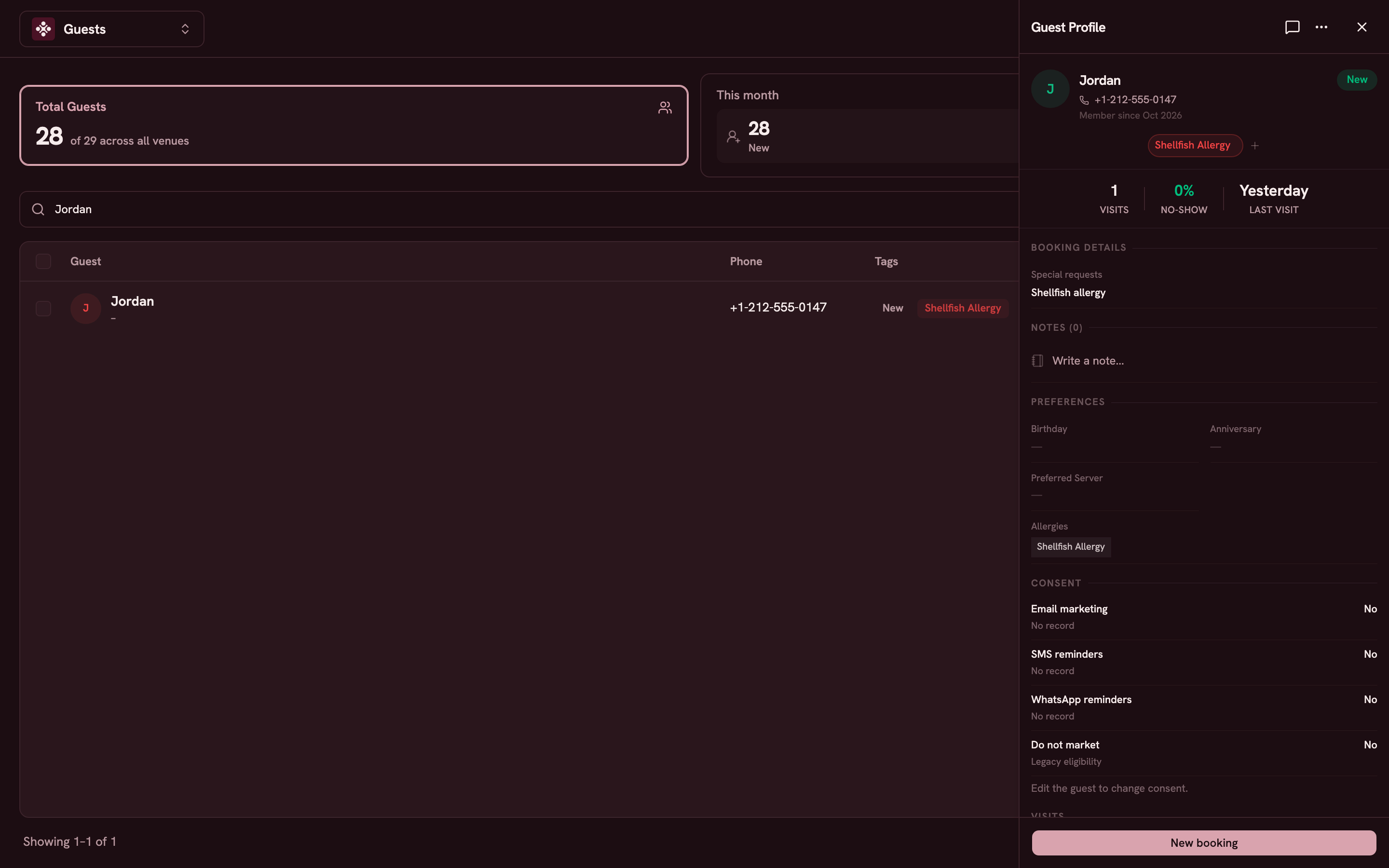 Un perfil de cliente con etiquetas de alergia e historial de visitas.