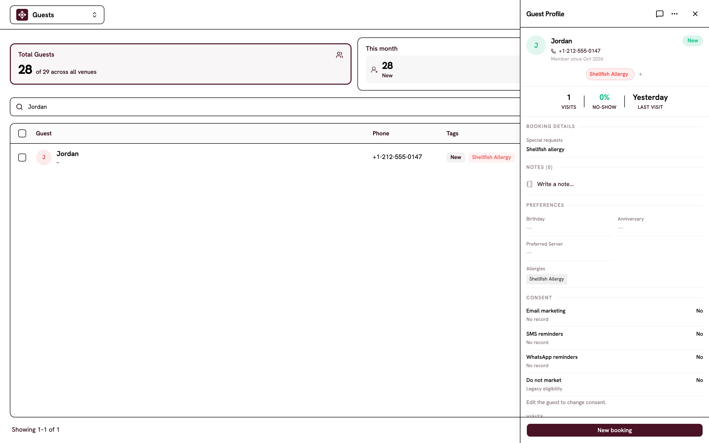 Un perfil de cliente con etiquetas de alergia e historial de visitas.