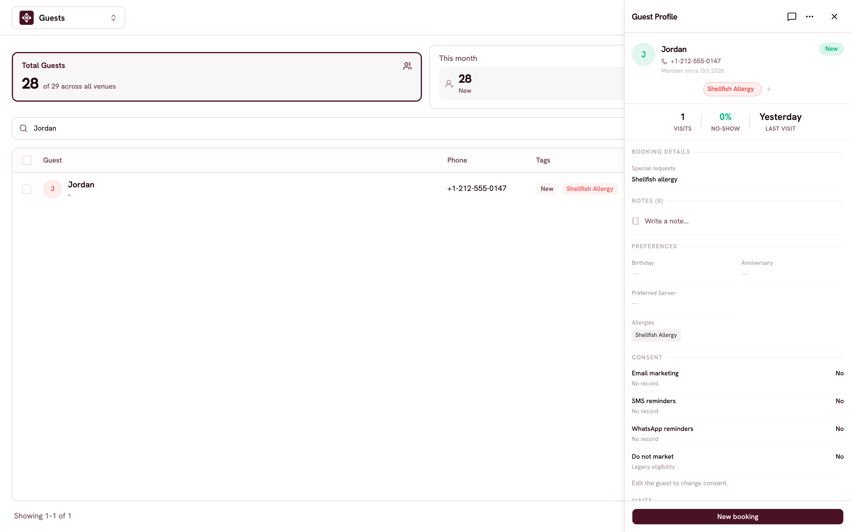 Un perfil de cliente con etiquetas de alergia e historial de visitas.
