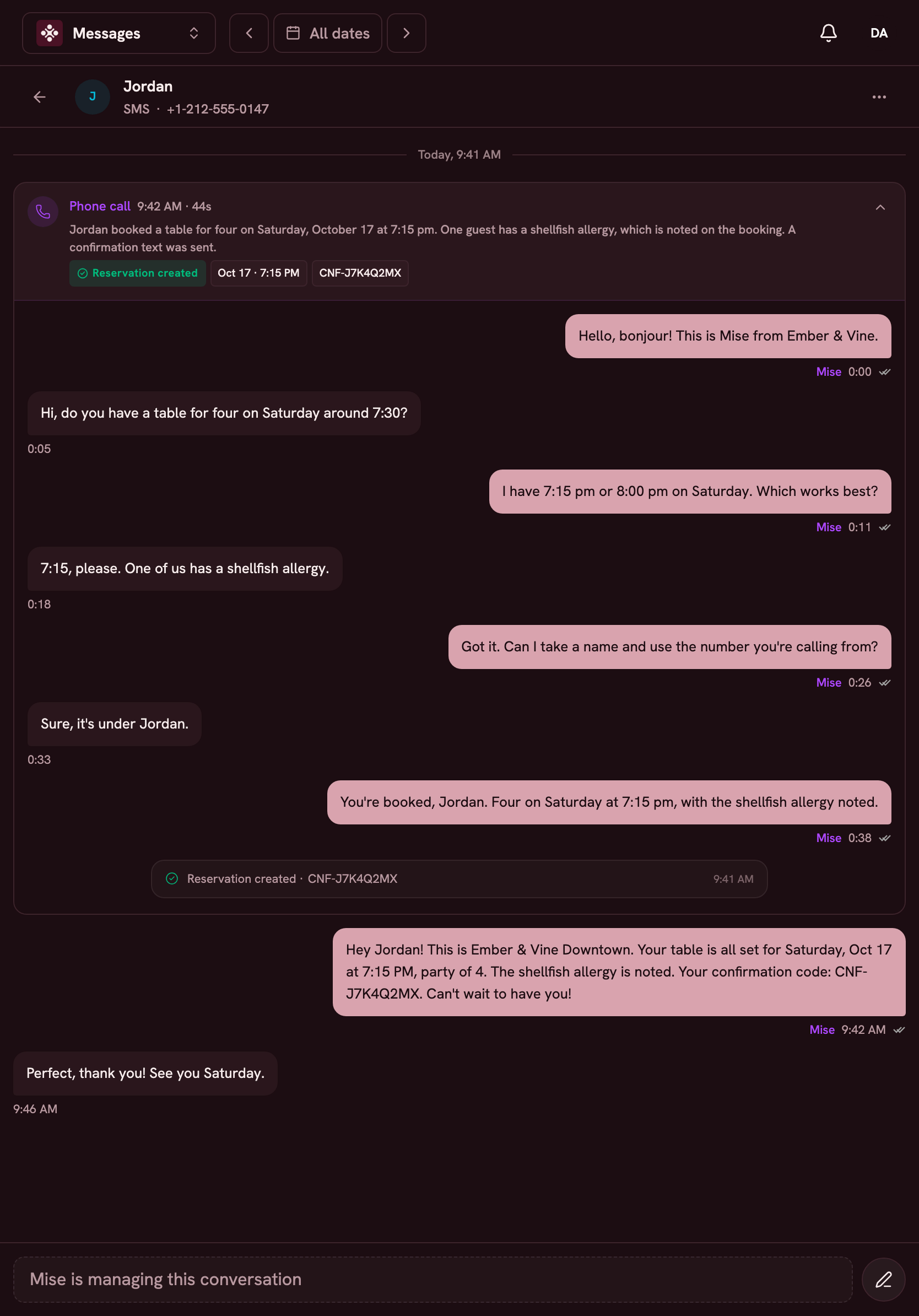 Llamadas y SMS en una sola bandeja de entrada. El hilo de Jordan está abierto, con el resumen de la llamada, la nueva reserva, el SMS de Apero y la respuesta de Jordan.