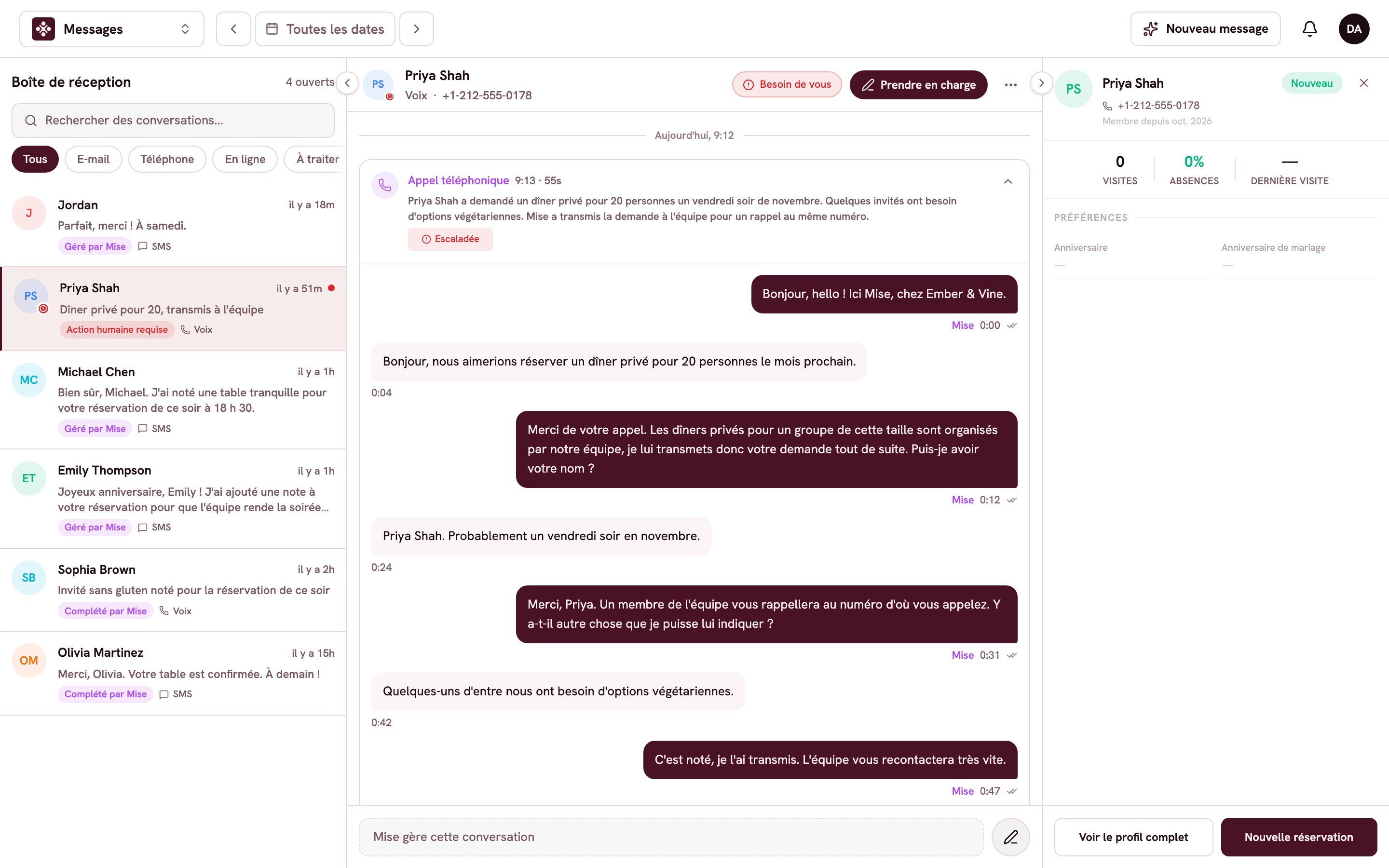 L'appel de Priya signalé par Mise, avec la mention Besoin de vous, la transcription, le résumé de Mise et le bouton Prendre en charge.